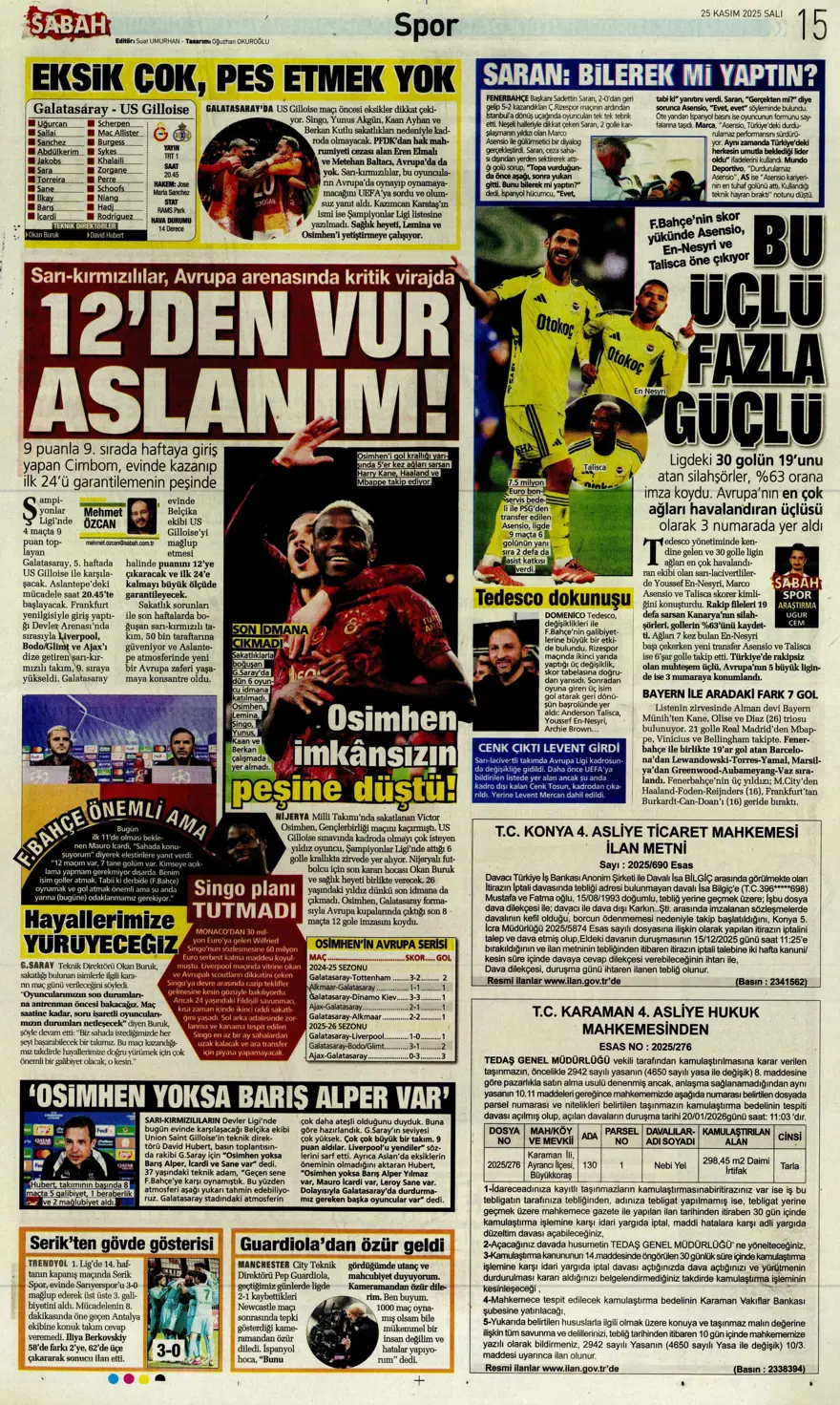 "Aslan'ın yeni avı Union SG" (25 Kasım 2025 spor manşetleri) 12
