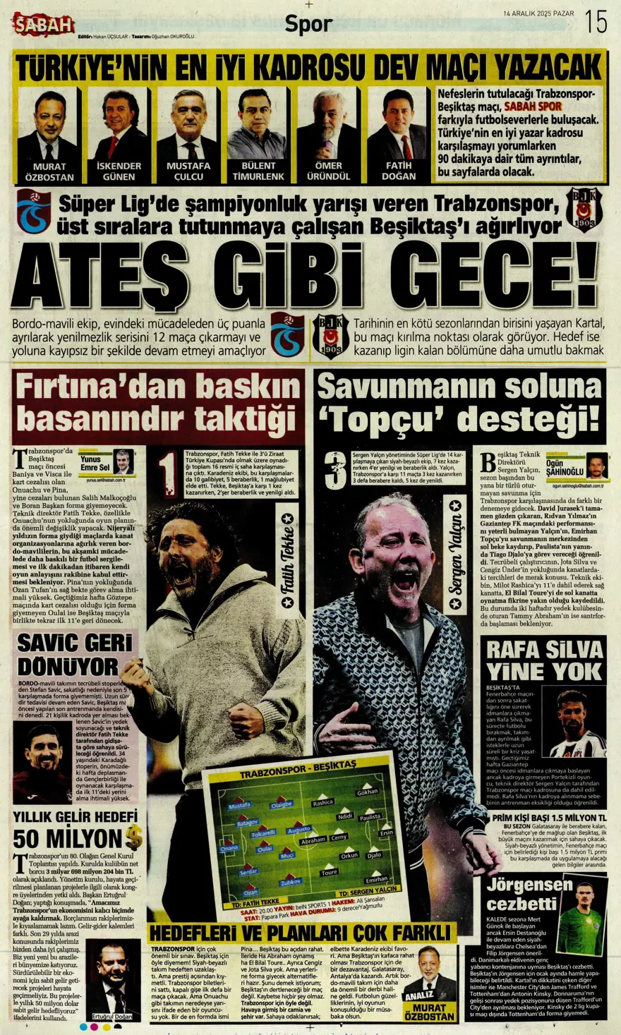 "Derbi ateşi" (14 Aralık 2025 spor manşetleri) 14