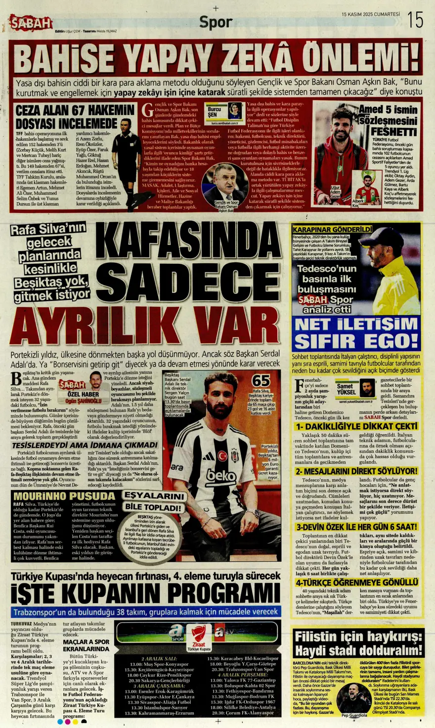 "Parola zafer" (15 Kasım 2025 spor manşetleri) 8