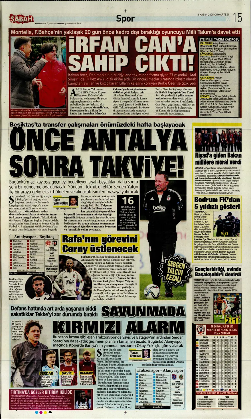 "Bahis ve şike depremi" (8 Kasım 2025 spor manşetleri) 7