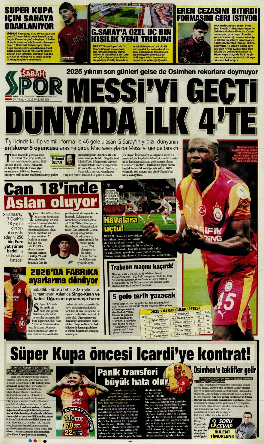 "Messi'yi solladı" (29Aralık 2025 spor manşetleri)
 