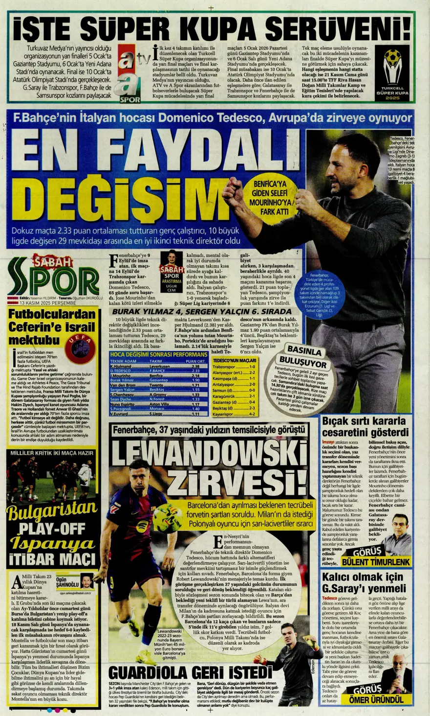 "Lewandowski bombası" (13 Kasım 2025 spor manşetleri) 8