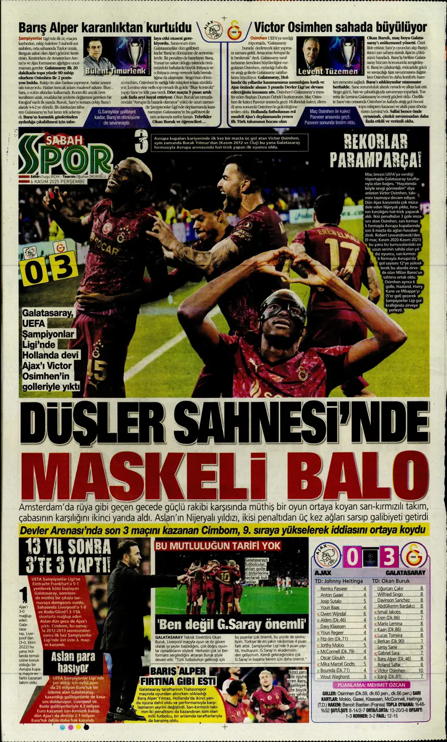 "Devler Ligi'nin Aslan'ı" (6 Kasım 2025 spor manşetleri) 12