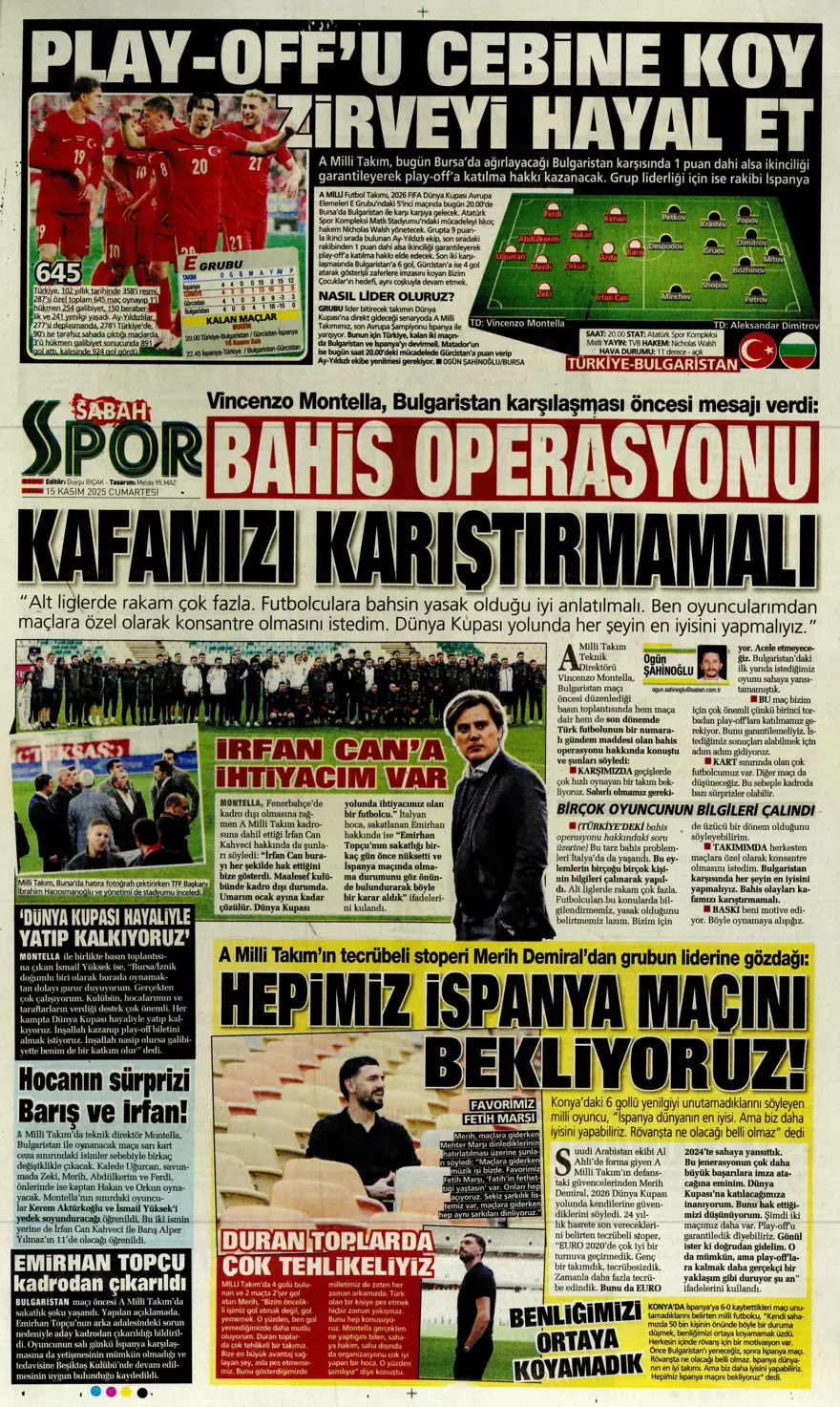 "Parola zafer" (15 Kasım 2025 spor manşetleri) 14