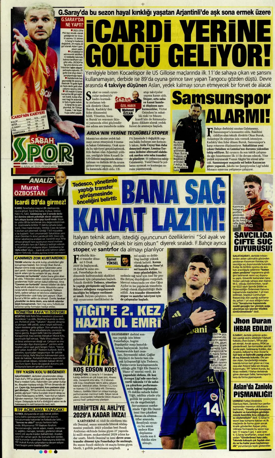 "Kupada da fırtına gibi" (4 Aralık 2025 spor manşetleri) 2