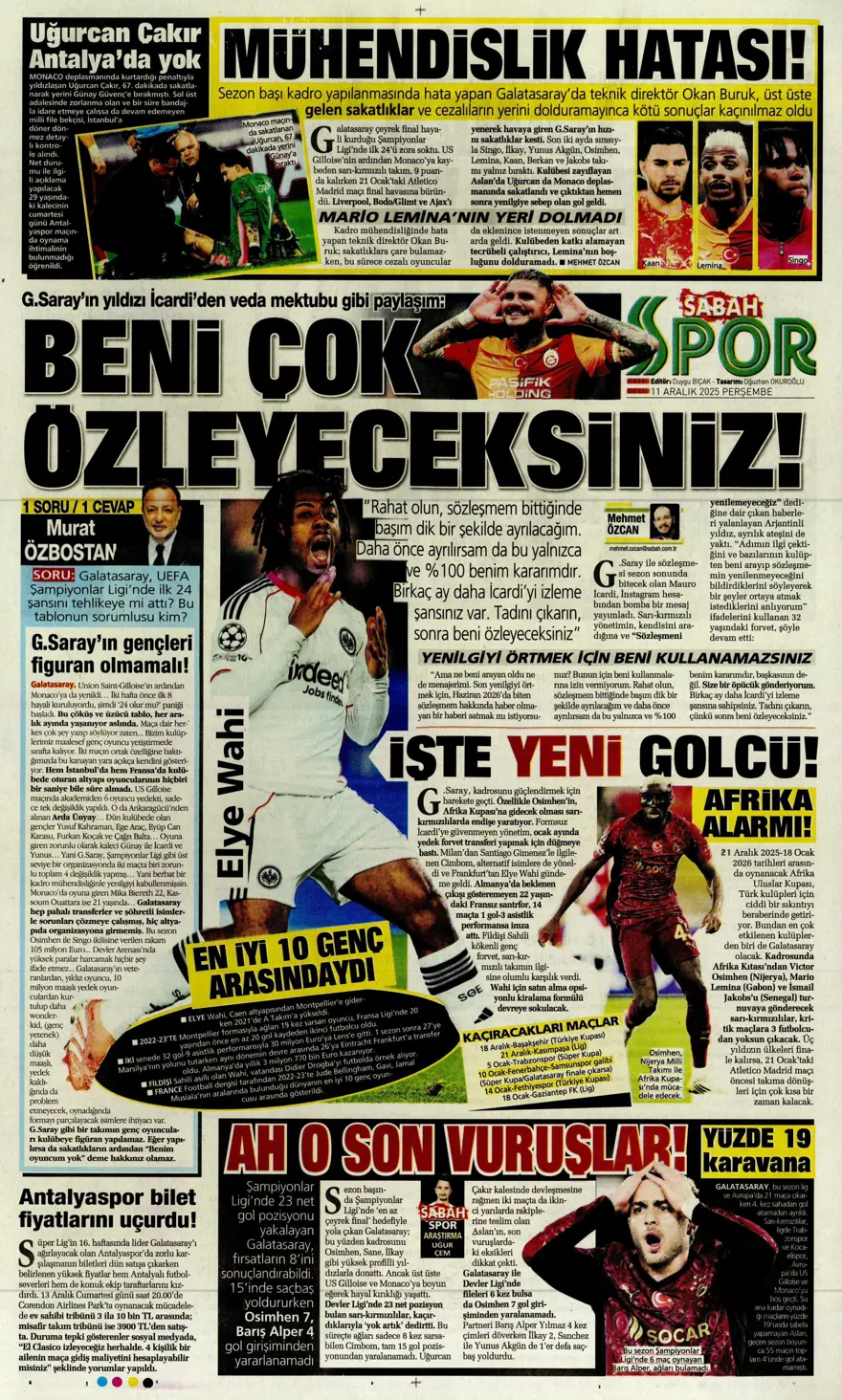 "Zafer yakışır" (11 Aralık 2025 spor manşetleri)
 9