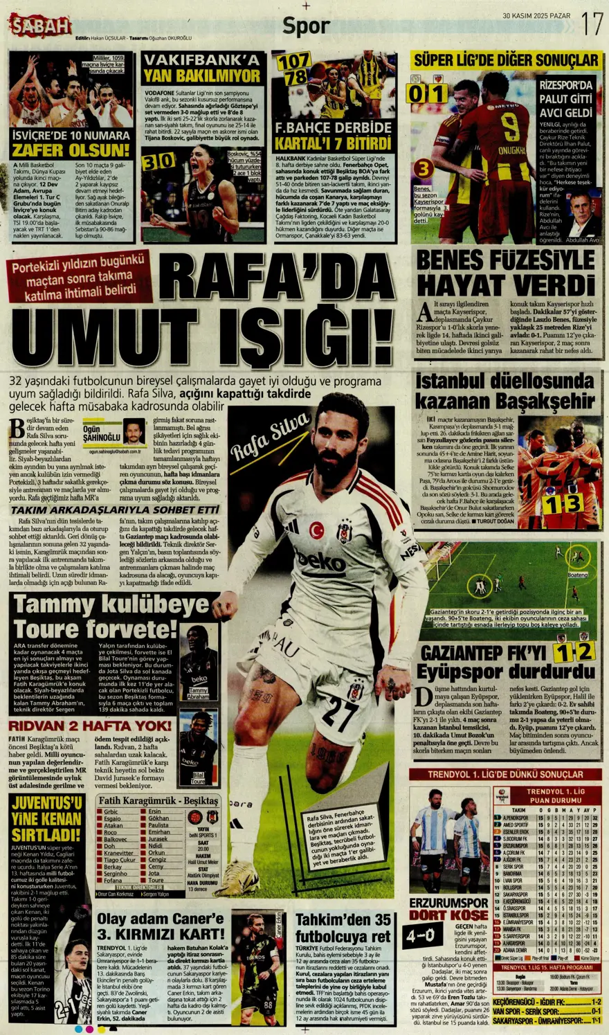 "Zirvede fırtına" (30 Kasım 2025 spor manşetleri) 11