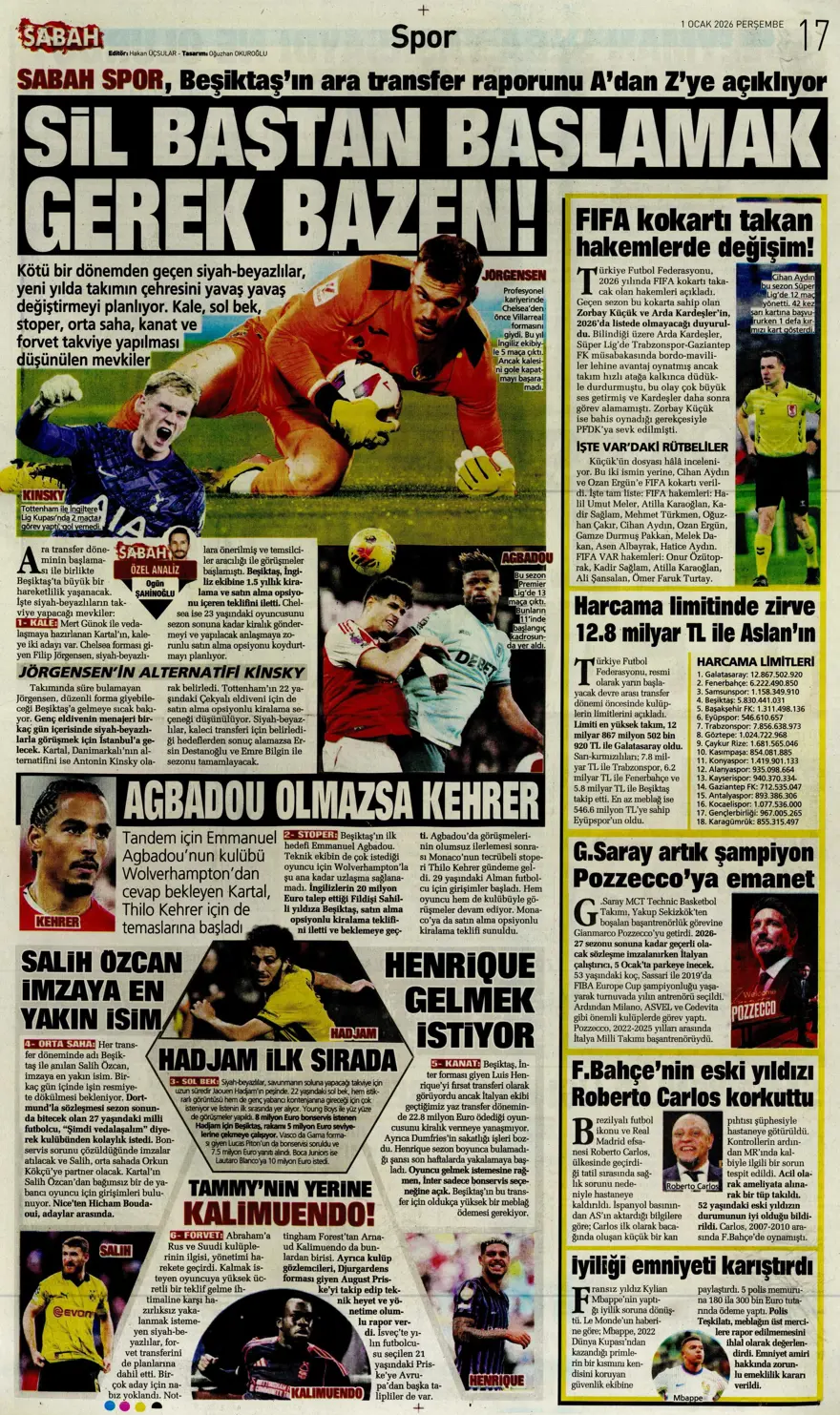 "Kiralık çözümü Ugarte" (1 Ocak 2026 spor manşetleri)
 13