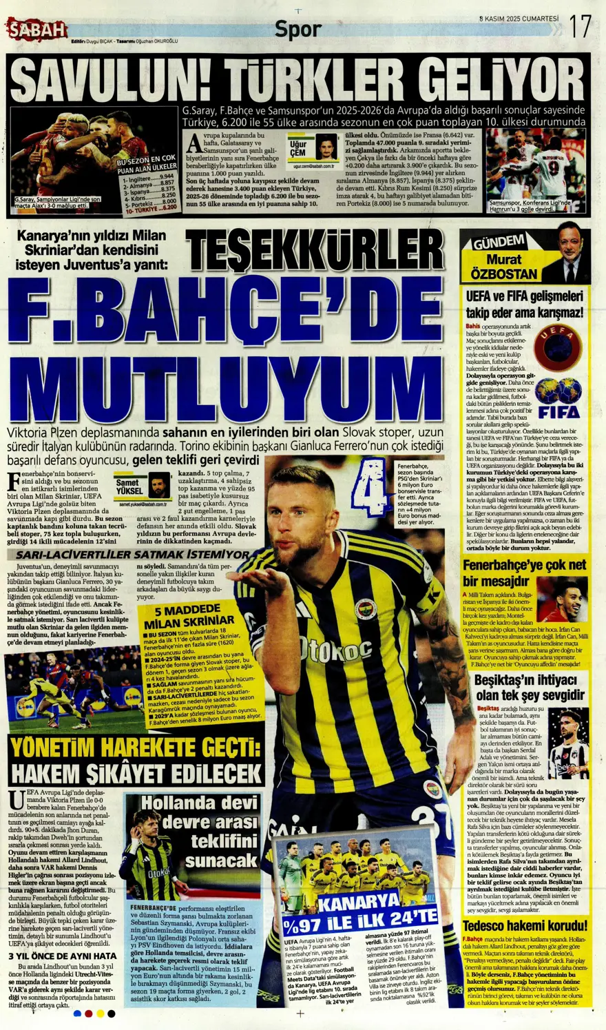 "Bahis ve şike depremi" (8 Kasım 2025 spor manşetleri) 9