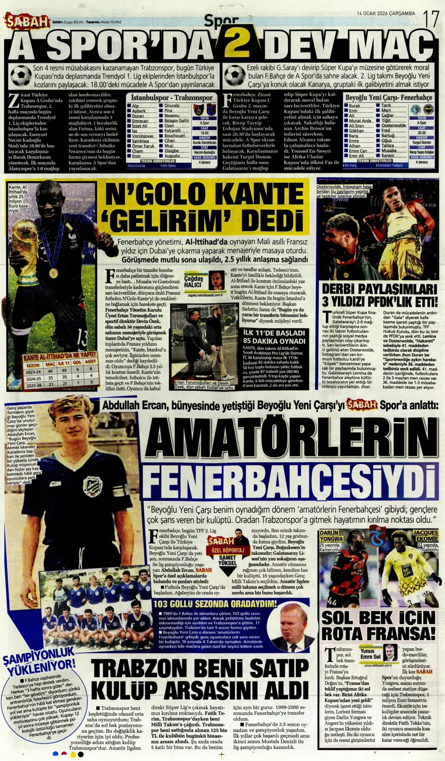 "Fenerbahçe'de Kante haftası" (14 Ocak 2026 spor manşetleri) 2