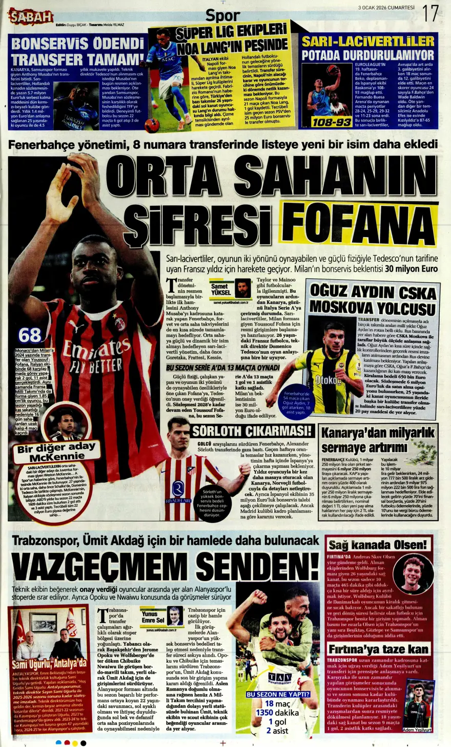 "Aslan'dan Salah teklifi" (3 Ocak 2026 spor manşetleri) 11