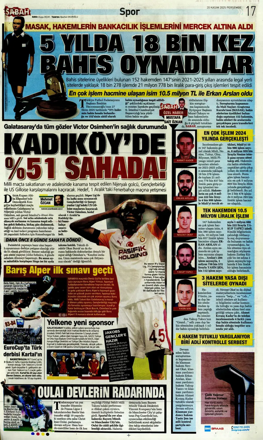 "O bilet gelecek" (20 Kasım 2025 spor manşetleri) 17