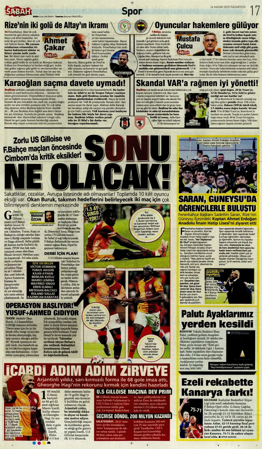 "5'inci viteste derbiye" (24 Kasım 2025 spor manşetleri) 5