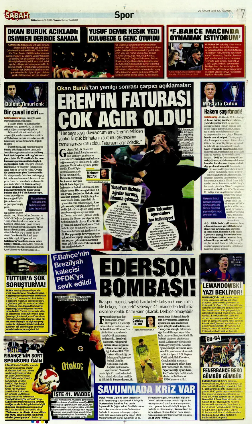 "Aslan fırsat tepti" (26 Kasım 2025 spor manşetleri) 9