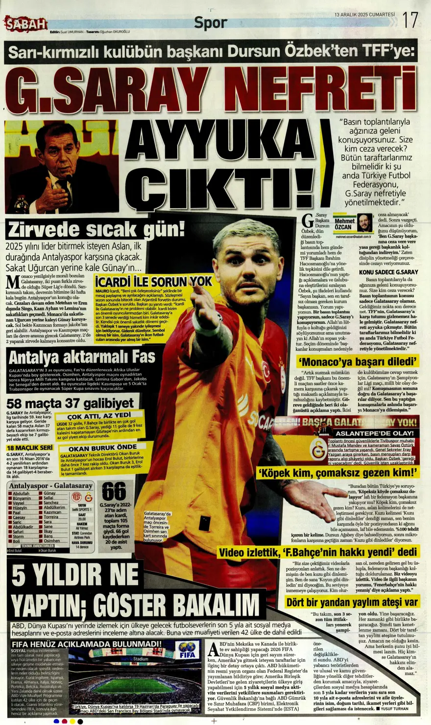 "Avrupa tamam, sıra ligde" (13 Aralık 2025 spor manşetleri) 8