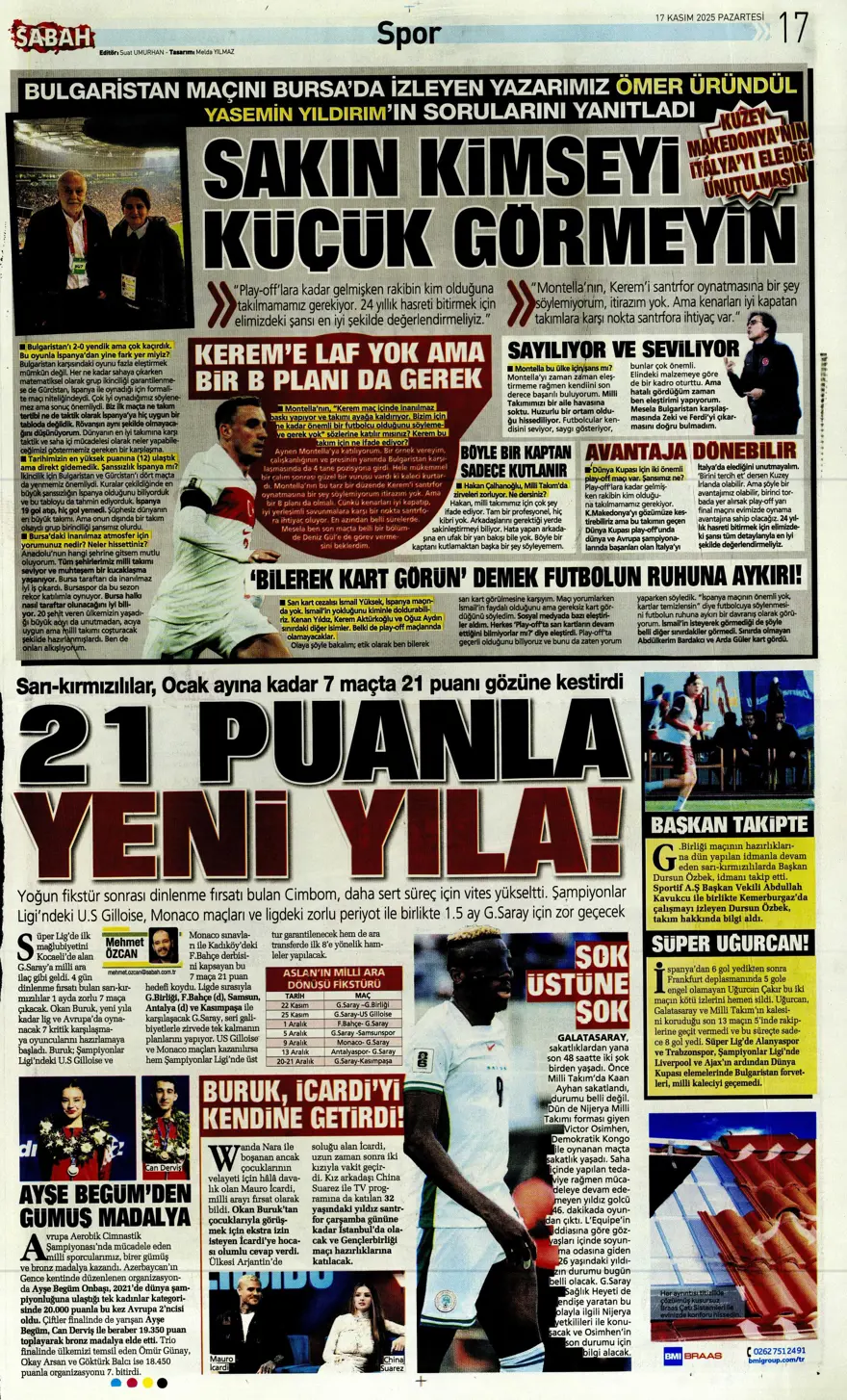 "Yolumuz açık" (17 Kasım 2025 spor manşetleri) 9