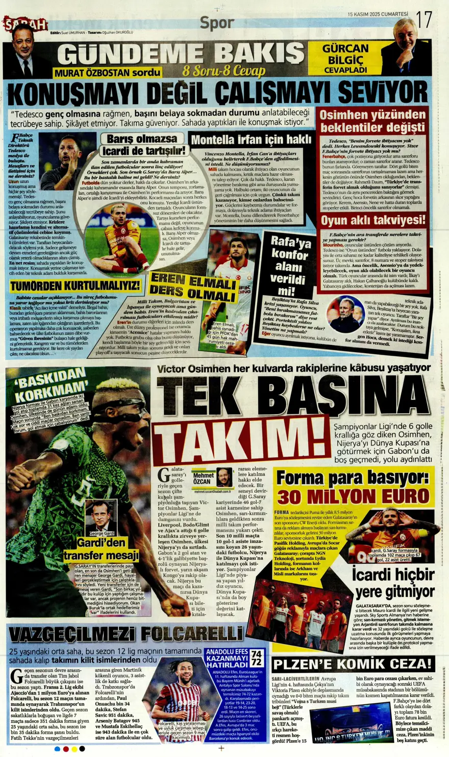 "Parola zafer" (15 Kasım 2025 spor manşetleri) 4