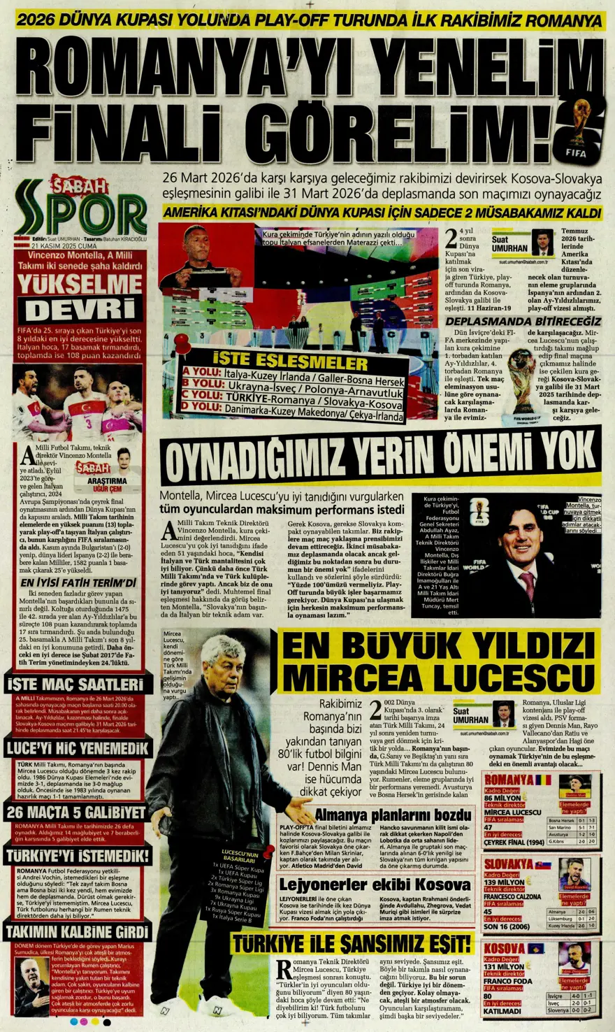 "Balkan turuyla Amerika'ya" (21 Kasım 2025 spor manşetleri) 8