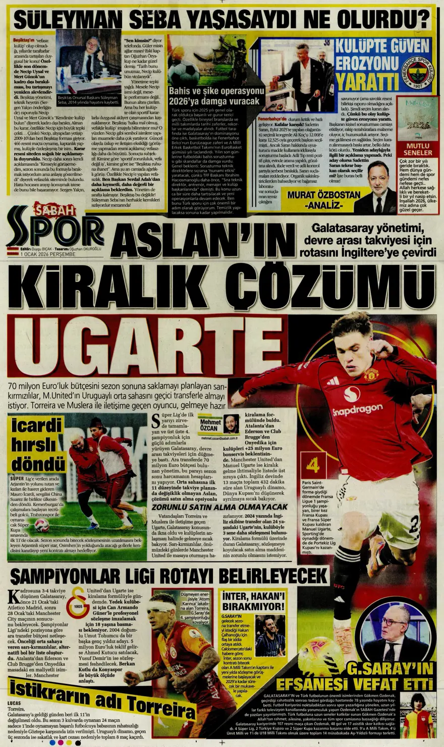 "Kiralık çözümü Ugarte" (1 Ocak 2026 spor manşetleri)
 2