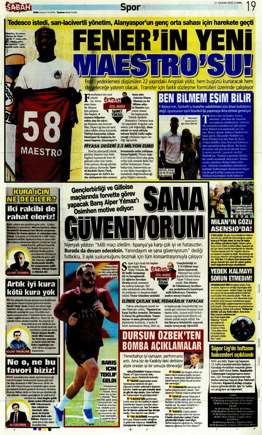 "Balkan turuyla Amerika'ya" (21 Kasım 2025 spor manşetleri) 10