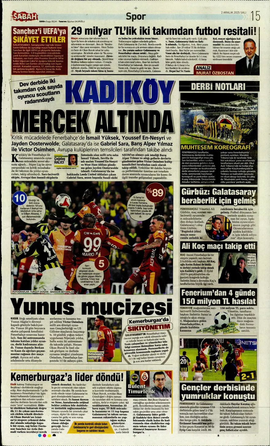 "Aslan salladı, Kanarya yıkılmadı" (2 Aralık 2025 spor manşetleri) 22