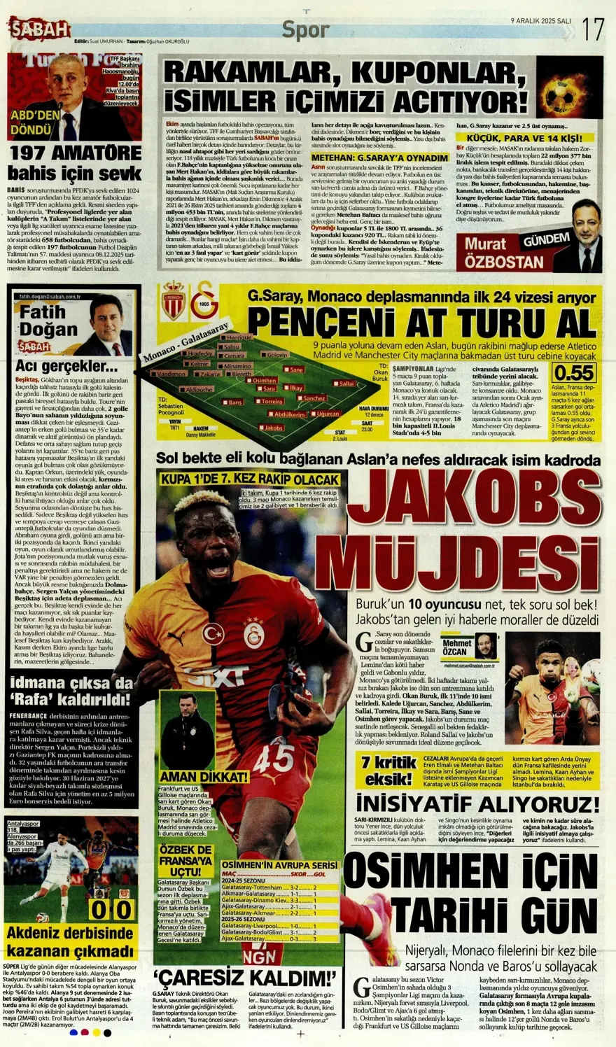 "Tedesco'nun başını rotasyon yaktı" (9 Aralık 2025 spor manşetleri) 24