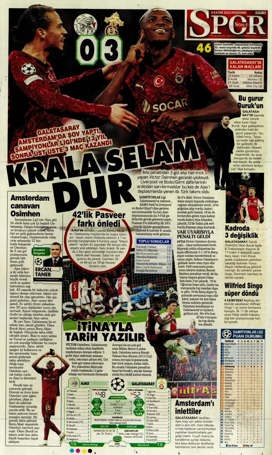 "Devler Ligi'nin Aslan'ı" (6 Kasım 2025 spor manşetleri) 15