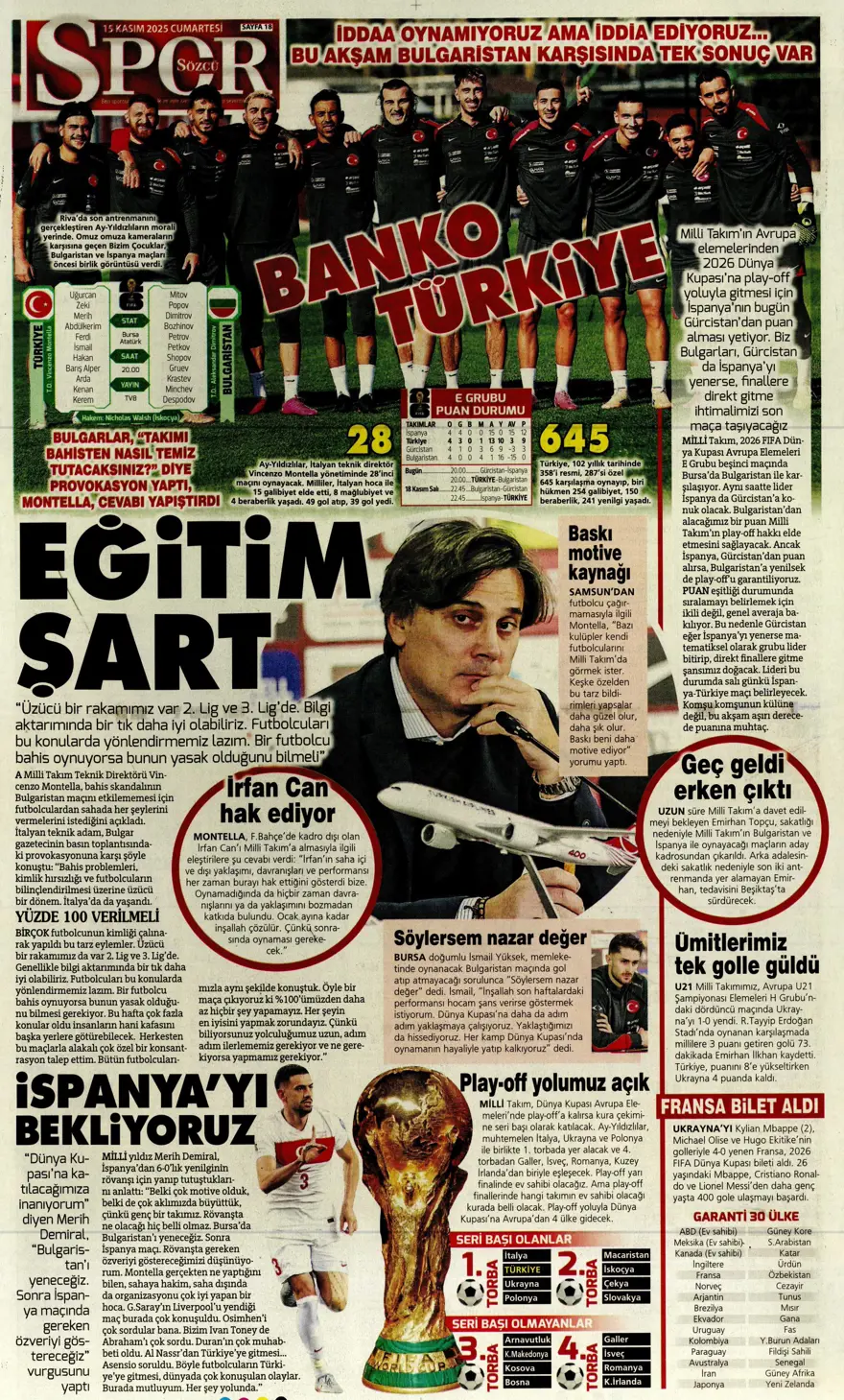 "Parola zafer" (15 Kasım 2025 spor manşetleri) 7