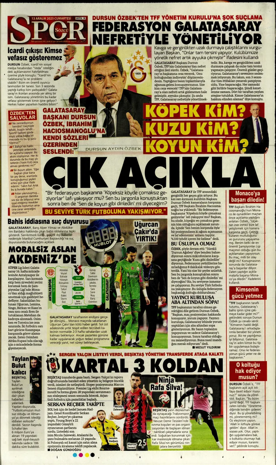 "Avrupa tamam, sıra ligde" (13 Aralık 2025 spor manşetleri) 5