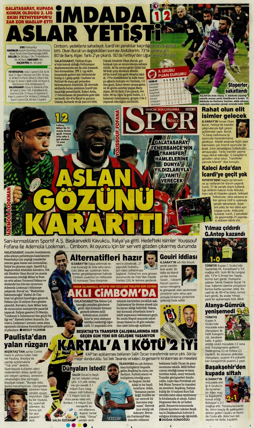 "Fenerbahçe'de Kante haftası" (14 Ocak 2026 spor manşetleri) 1