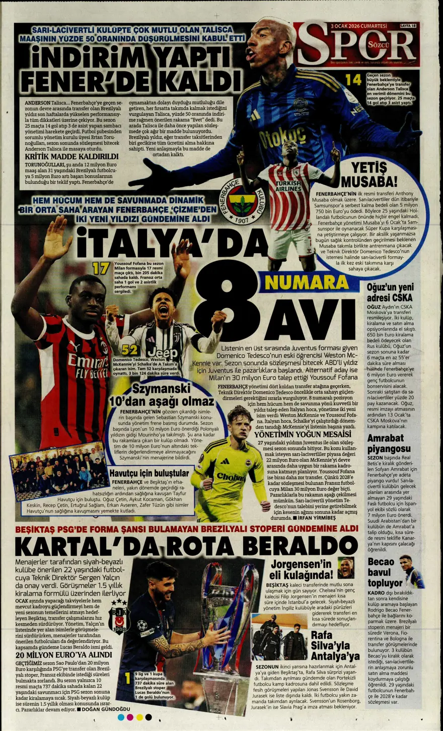 "Aslan'dan Salah teklifi" (3 Ocak 2026 spor manşetleri) 3