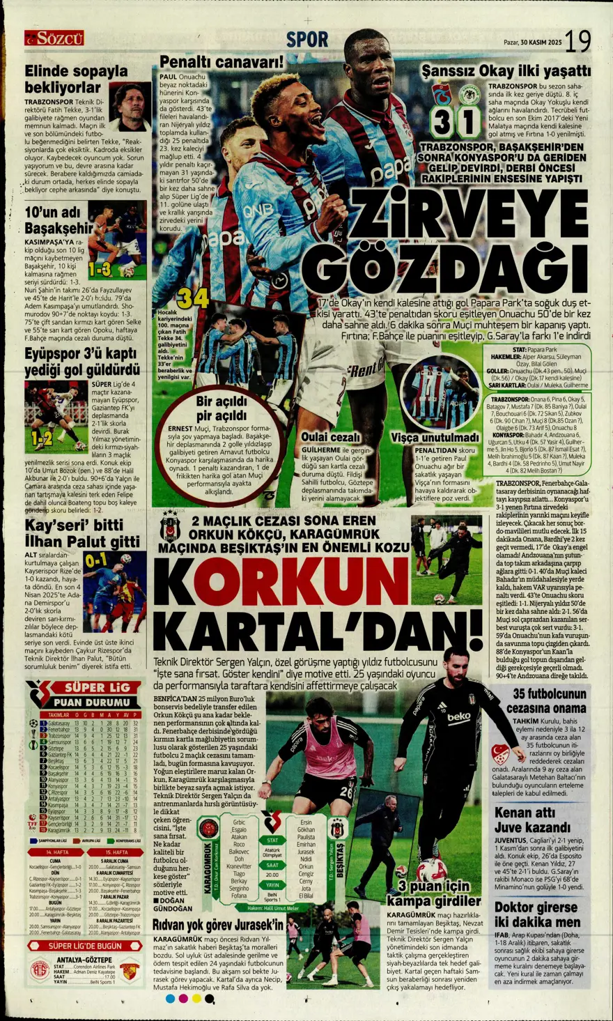 "Zirvede fırtına" (30 Kasım 2025 spor manşetleri) 3