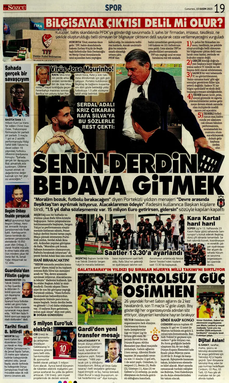 "Parola zafer" (15 Kasım 2025 spor manşetleri) 12