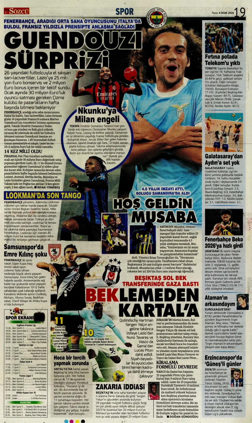 Fenerbahçe'de Guendouzi sürprizi (4 Ocak 2026 spor manşetleri) Fenerbahçe'de Guendouzi sürprizi (4 Ocak 2026 spor manşetleri)