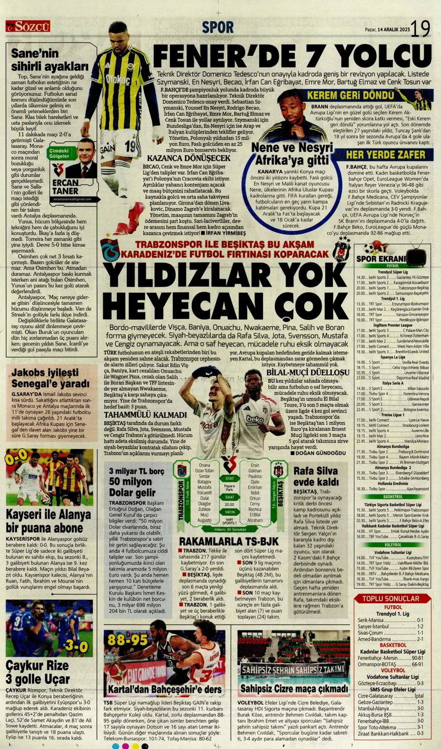 "Derbi ateşi" (14 Aralık 2025 spor manşetleri) 4