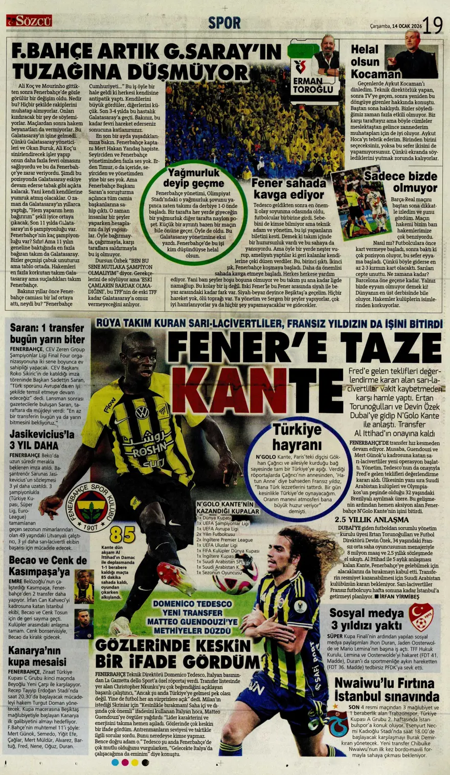 "Fenerbahçe'de Kante haftası" (14 Ocak 2026 spor manşetleri) 3