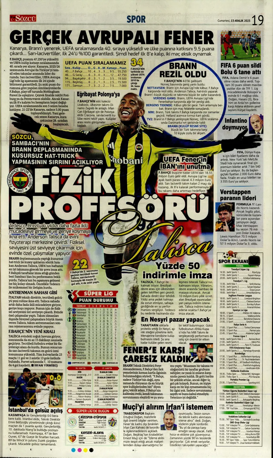 "Avrupa tamam, sıra ligde" (13 Aralık 2025 spor manşetleri) 4