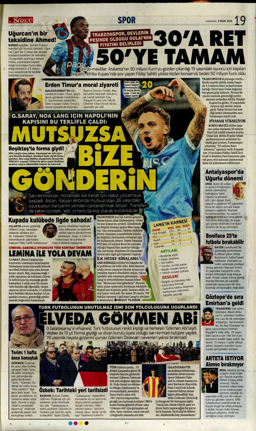 "Aslan'dan Salah teklifi" (3 Ocak 2026 spor manşetleri) 1