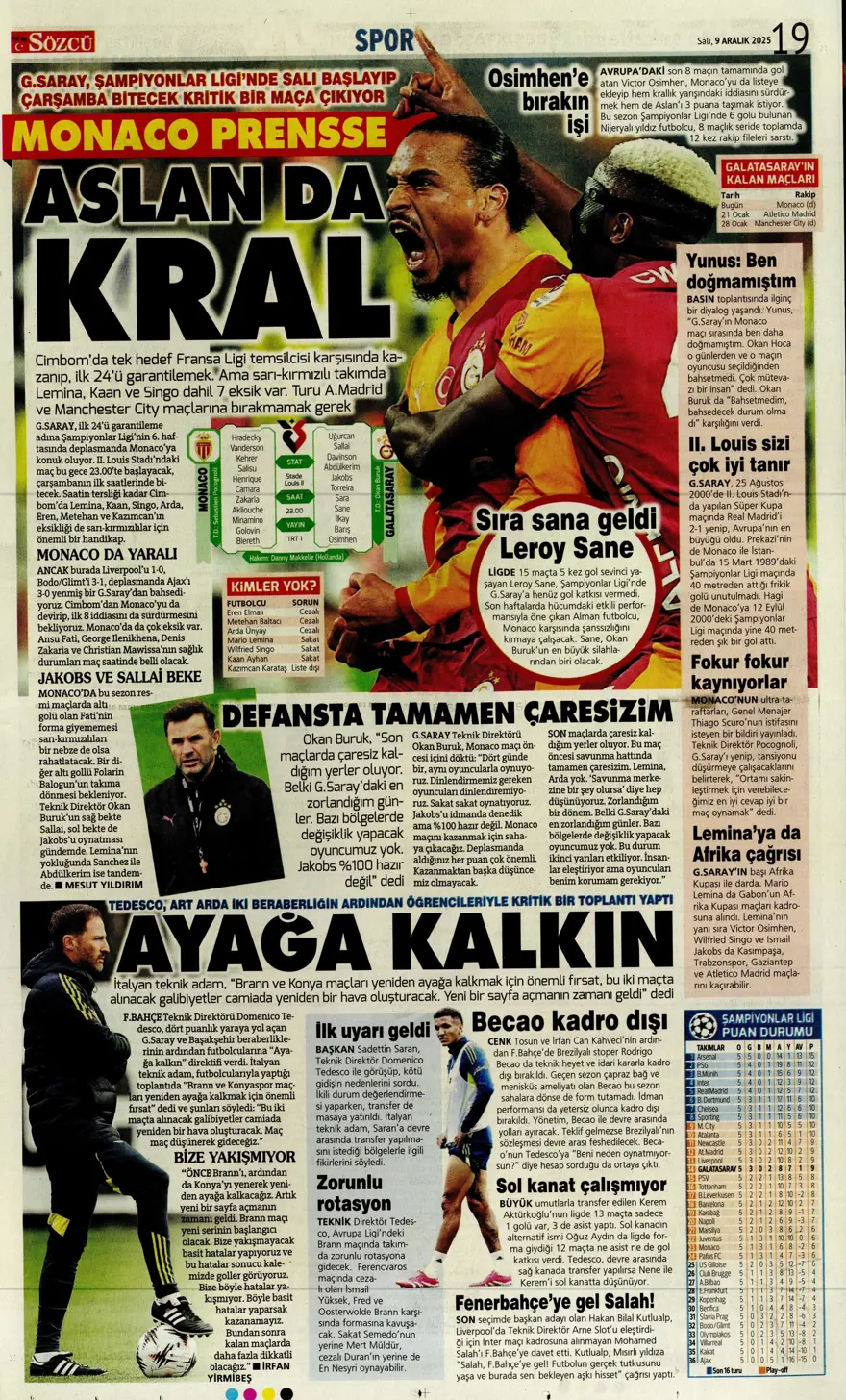 "Tedesco'nun başını rotasyon yaktı" (9 Aralık 2025 spor manşetleri) 26