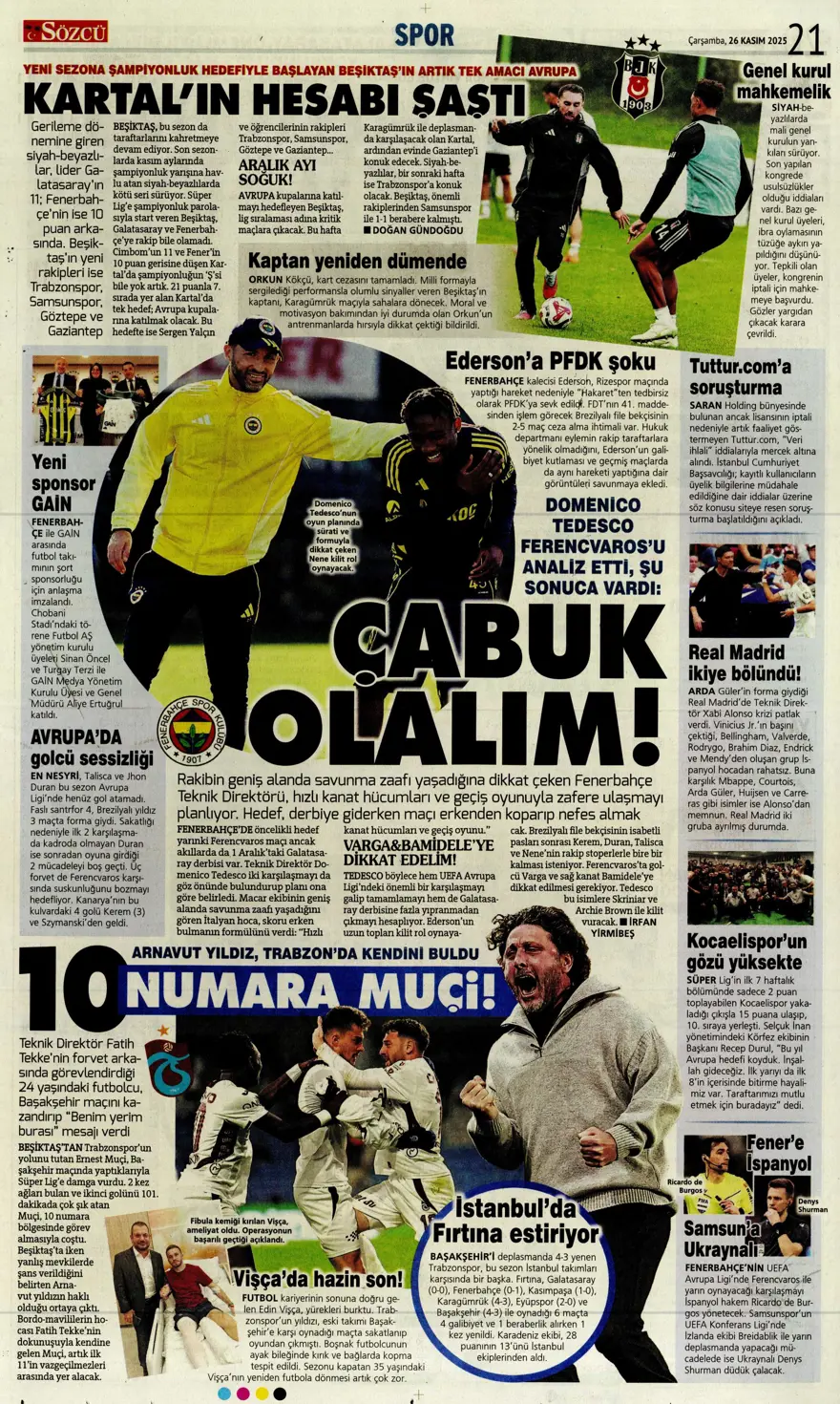 "Aslan fırsat tepti" (26 Kasım 2025 spor manşetleri) 15