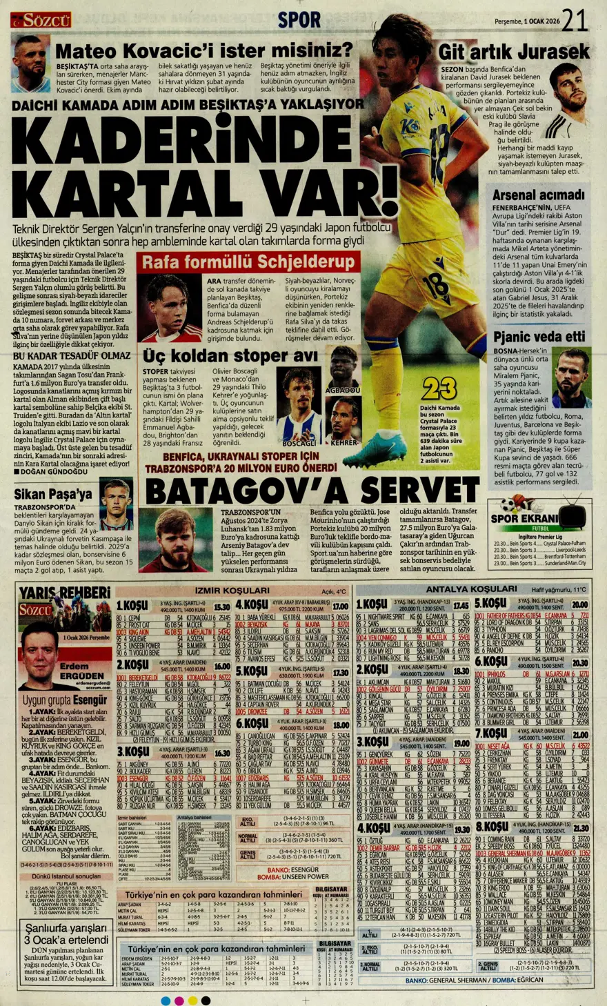 "Kiralık çözümü Ugarte" (1 Ocak 2026 spor manşetleri)
 6