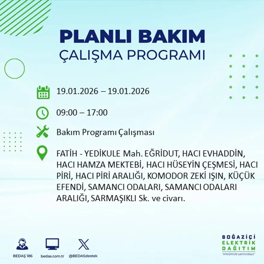 İstanbul'un birçok ilçesinde elektrik kesintisi yaşanacak: 8 saat sürecek (19 Ocak BEDAŞ elektrik kesintisi) 17