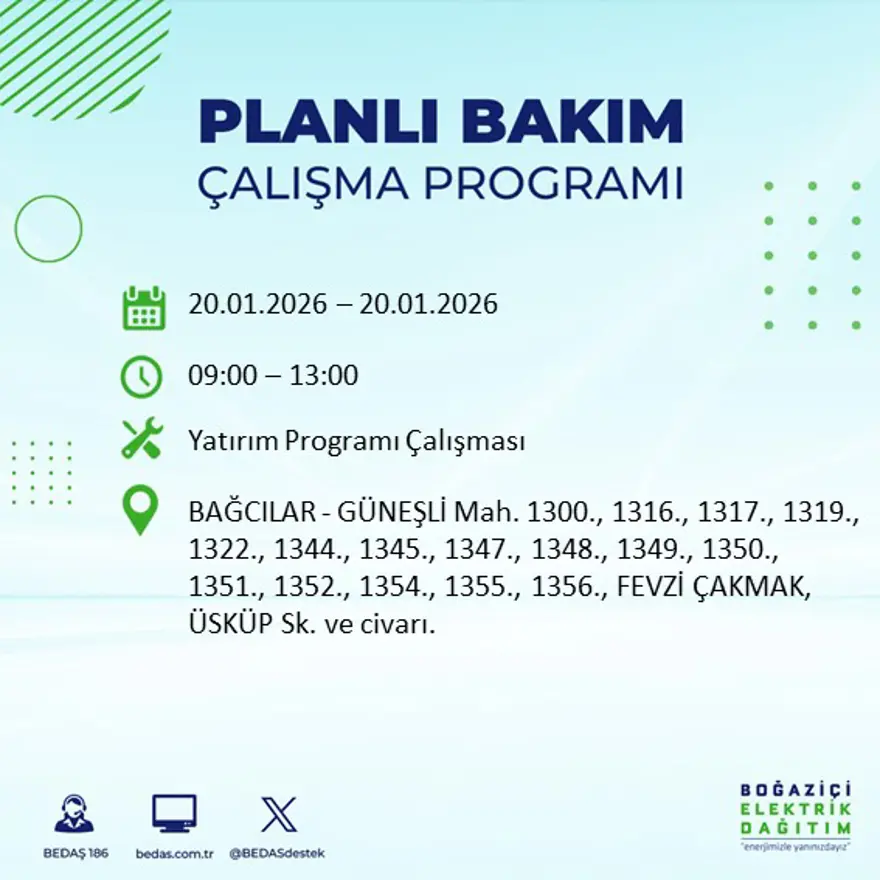 İstanbul'un 25 ilçesinde elektrik kesintisi: Sabah saatlerinde başlayacak, 9 saat sürecek (20 Ocak BEDAŞ elektrik kesintisi) 30