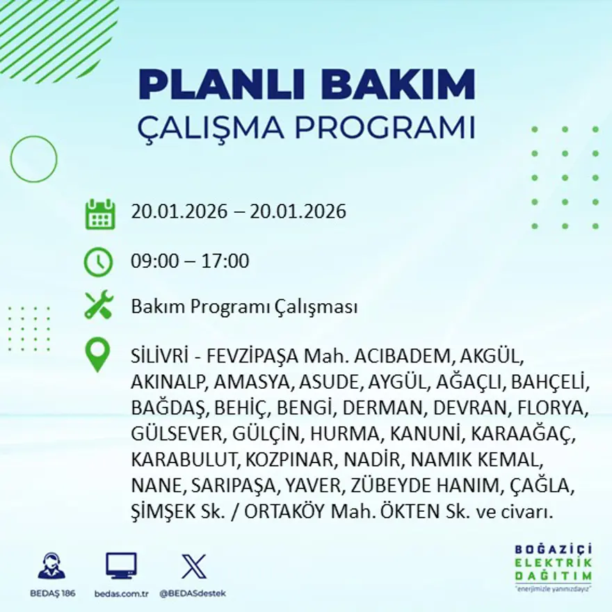 İstanbul'un 25 ilçesinde elektrik kesintisi: Sabah saatlerinde başlayacak, 9 saat sürecek (20 Ocak BEDAŞ elektrik kesintisi) 11