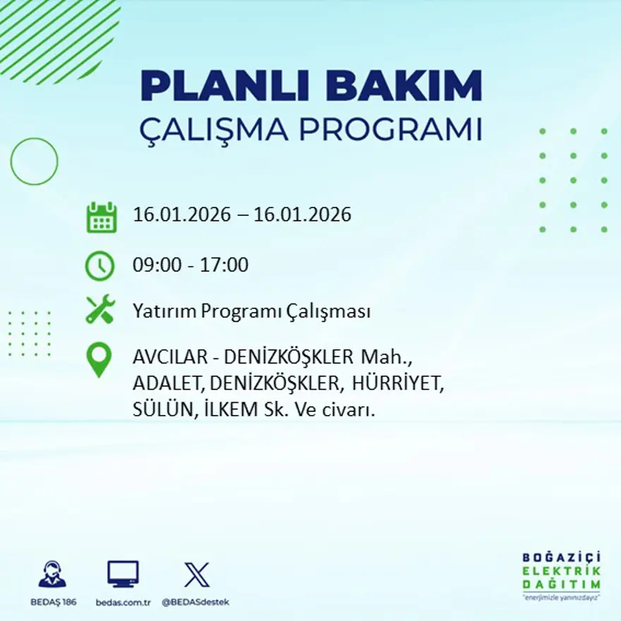 İstanbul'un 22 ilçesinde elektrik kesintisi, 9 saat sürecek (16 Ocak BEDAŞ elektrik kesintisi) 63