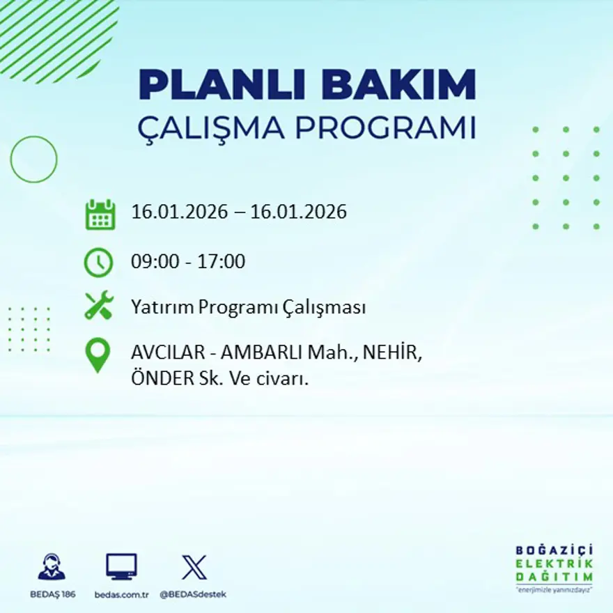 İstanbul'un 22 ilçesinde elektrik kesintisi, 9 saat sürecek (16 Ocak BEDAŞ elektrik kesintisi) 75