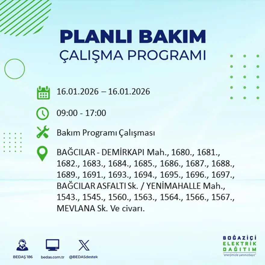 İstanbul'un 22 ilçesinde elektrik kesintisi, 9 saat sürecek (16 Ocak BEDAŞ elektrik kesintisi) 20