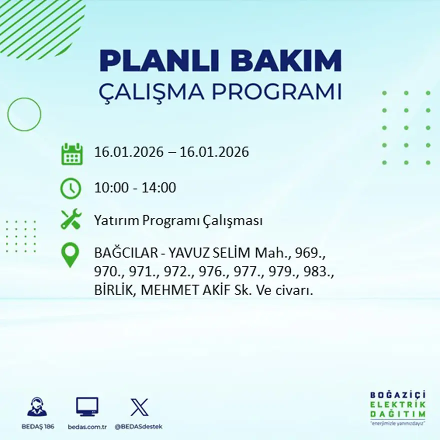 İstanbul'un 22 ilçesinde elektrik kesintisi, 9 saat sürecek (16 Ocak BEDAŞ elektrik kesintisi) 55