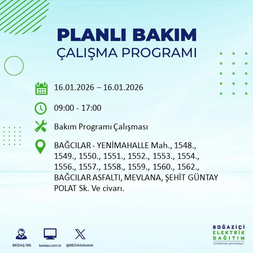 İstanbul'un 22 ilçesinde elektrik kesintisi, 9 saat sürecek (16 Ocak BEDAŞ elektrik kesintisi) 32