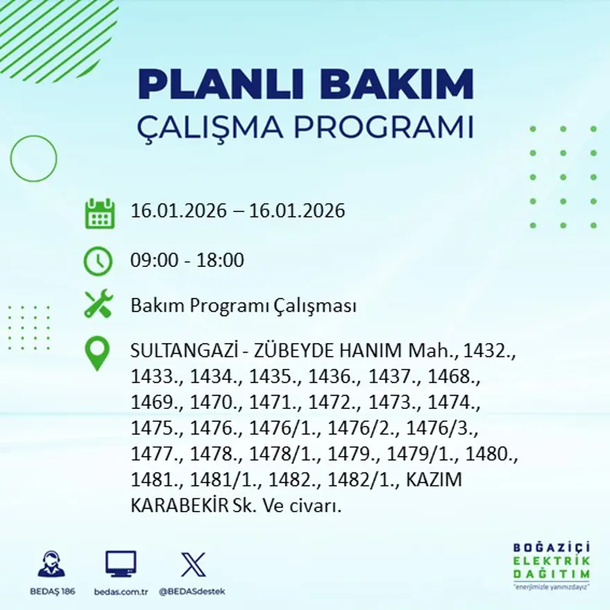 İstanbul'un 22 ilçesinde elektrik kesintisi, 9 saat sürecek (16 Ocak BEDAŞ elektrik kesintisi) 18